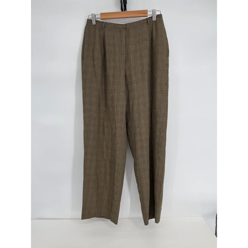 Liz Claiborne Collection Brown Glen Plaid Pleated High Rise Trousers Pants Sz 8